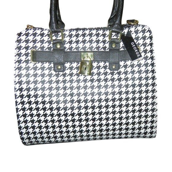 George Black & White Houndstooth Vegan Leather Tote Crossbody Handbag Brand NWT - Picture 1 of 12